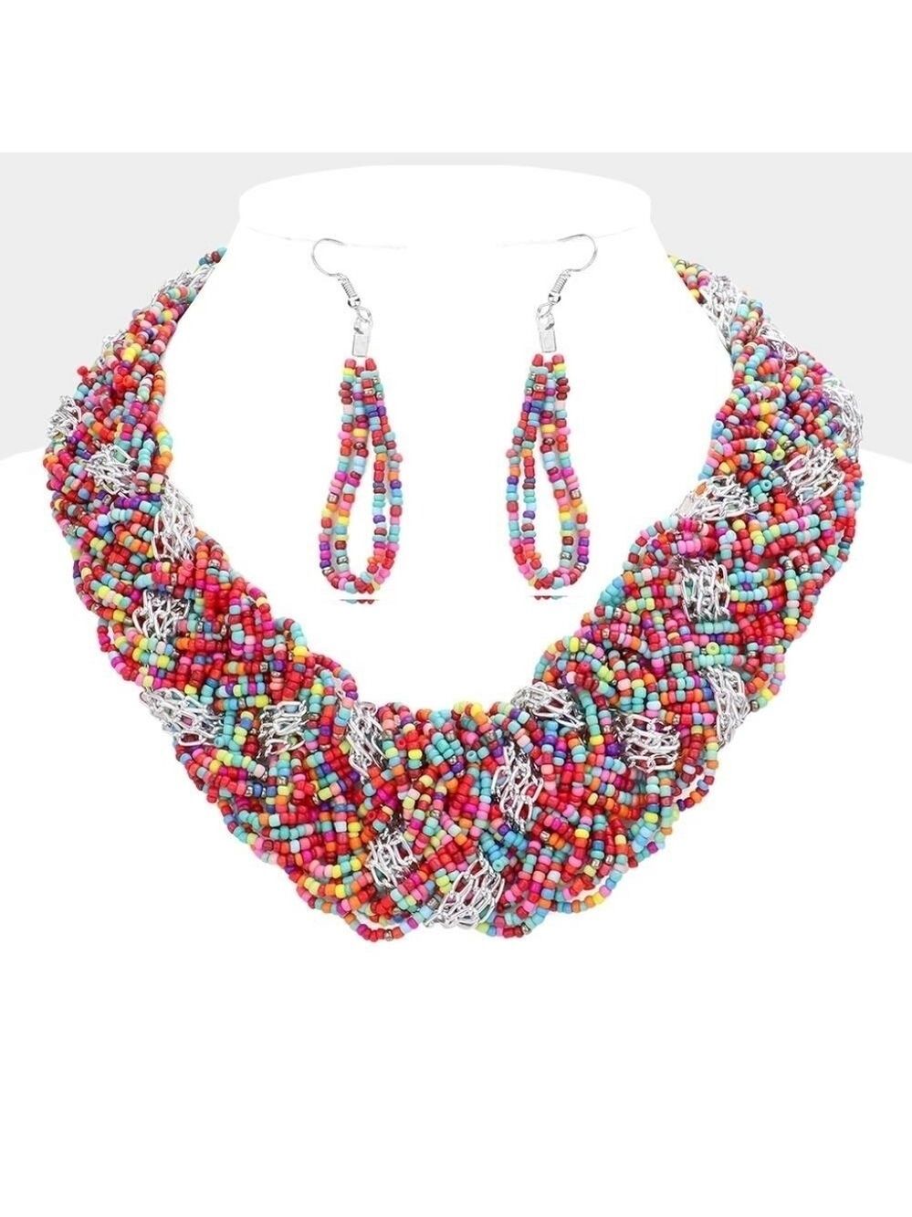 NEW Multicolor Braided Metal Chain Seed Beaded Necklace Set